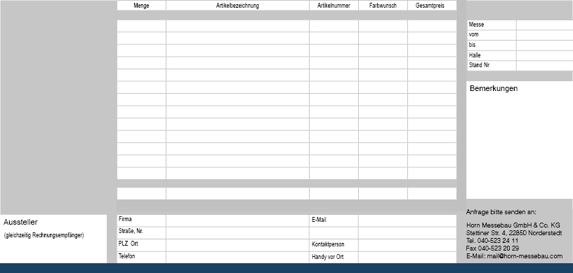 Messestand Bestellformular Zubehör